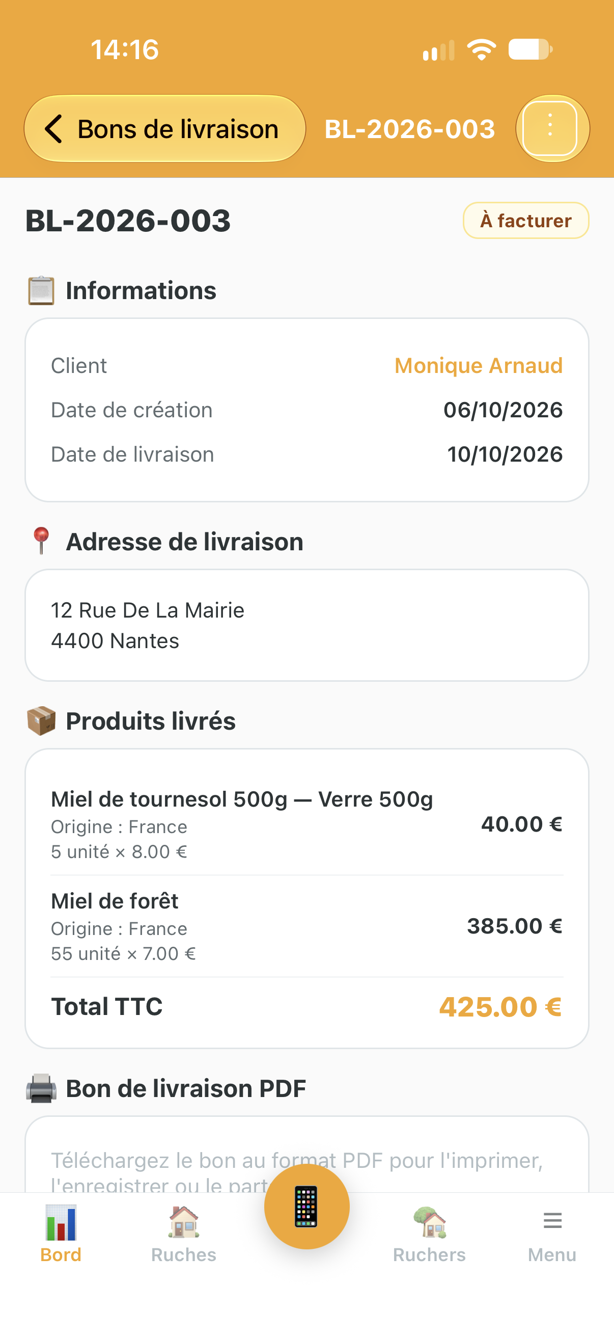 Bon de livraison créé depuis une fiche client dans Api'Track