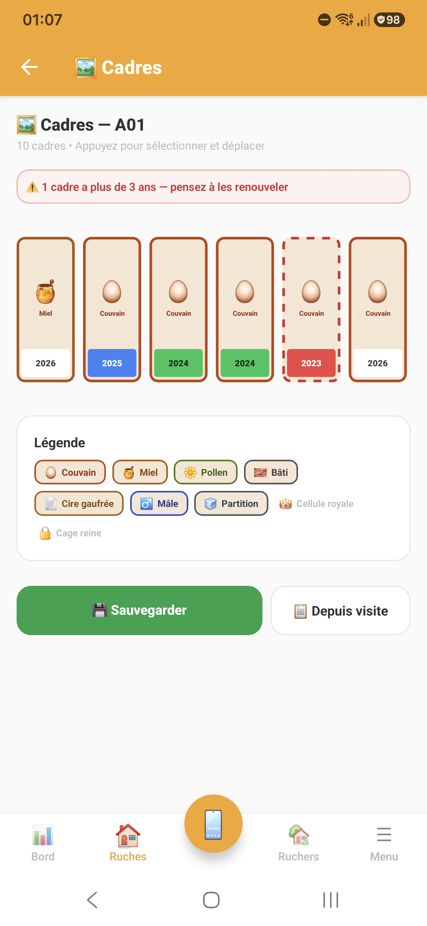 Schéma des cadres et suivi de l'âge de la cire dans Api'Track