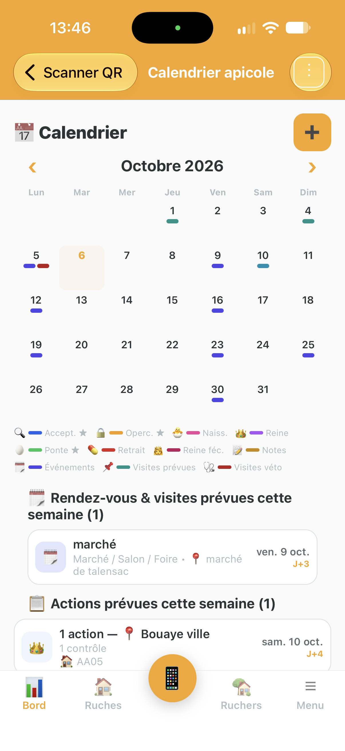 Calendrier apicole avec contrôles d'élevage et retraits de traitement dans Api'Track