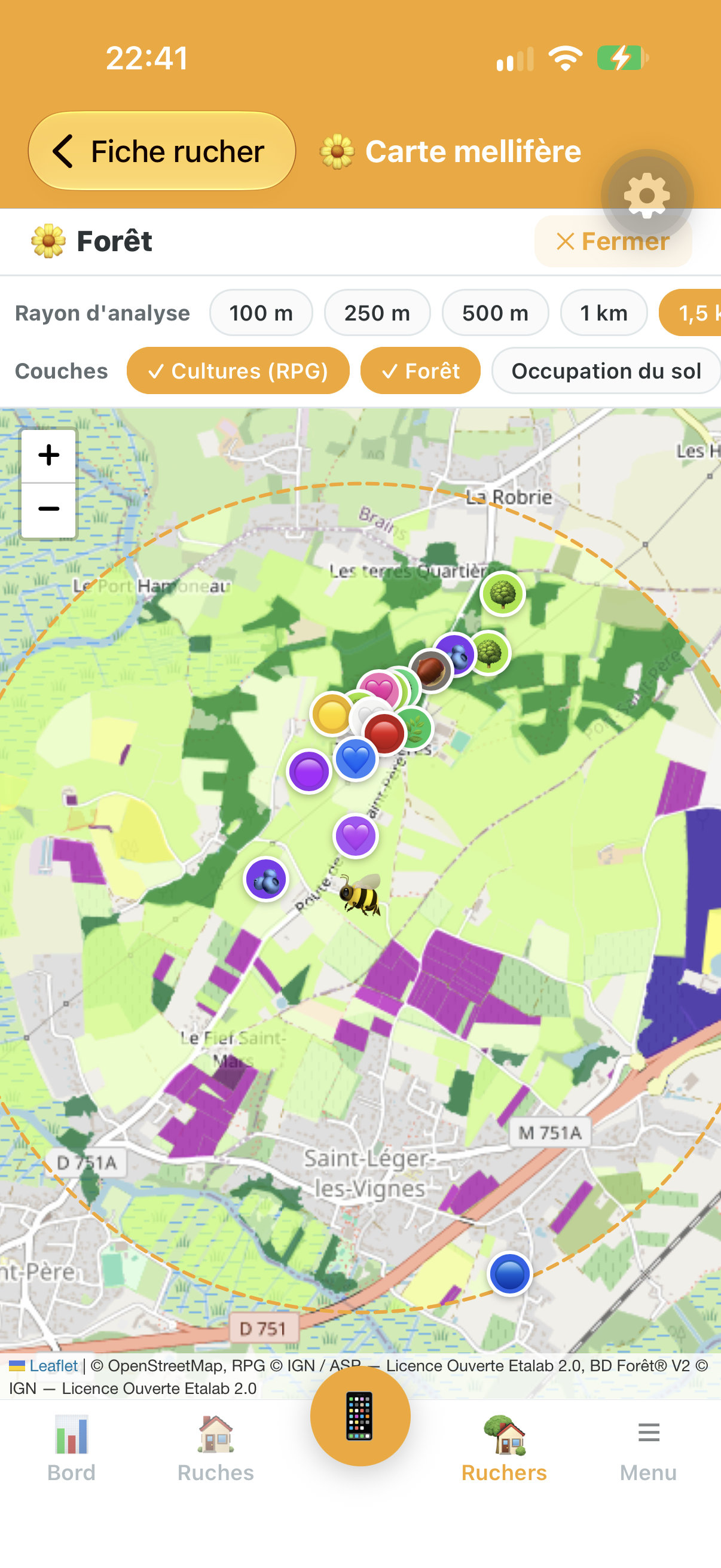 Carte mellifère Api'Track : cultures des parcelles et forêts autour d'un rucher