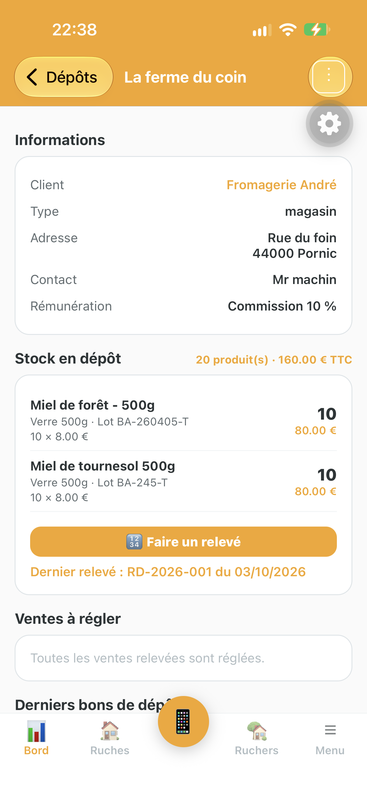 Détail d'un dépôt-vente avec stock en dépôt et bons de dépôt dans Api'Track