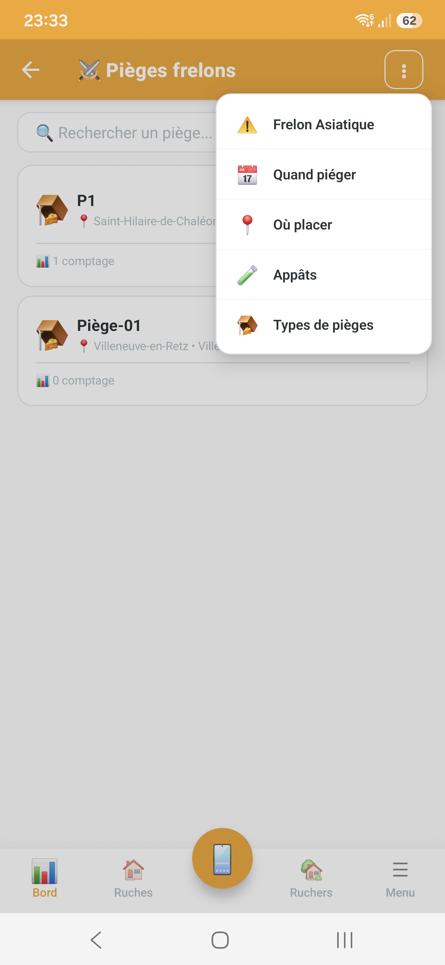 Fiche d'un piège à frelon et zone d'alerte dans Api'Track