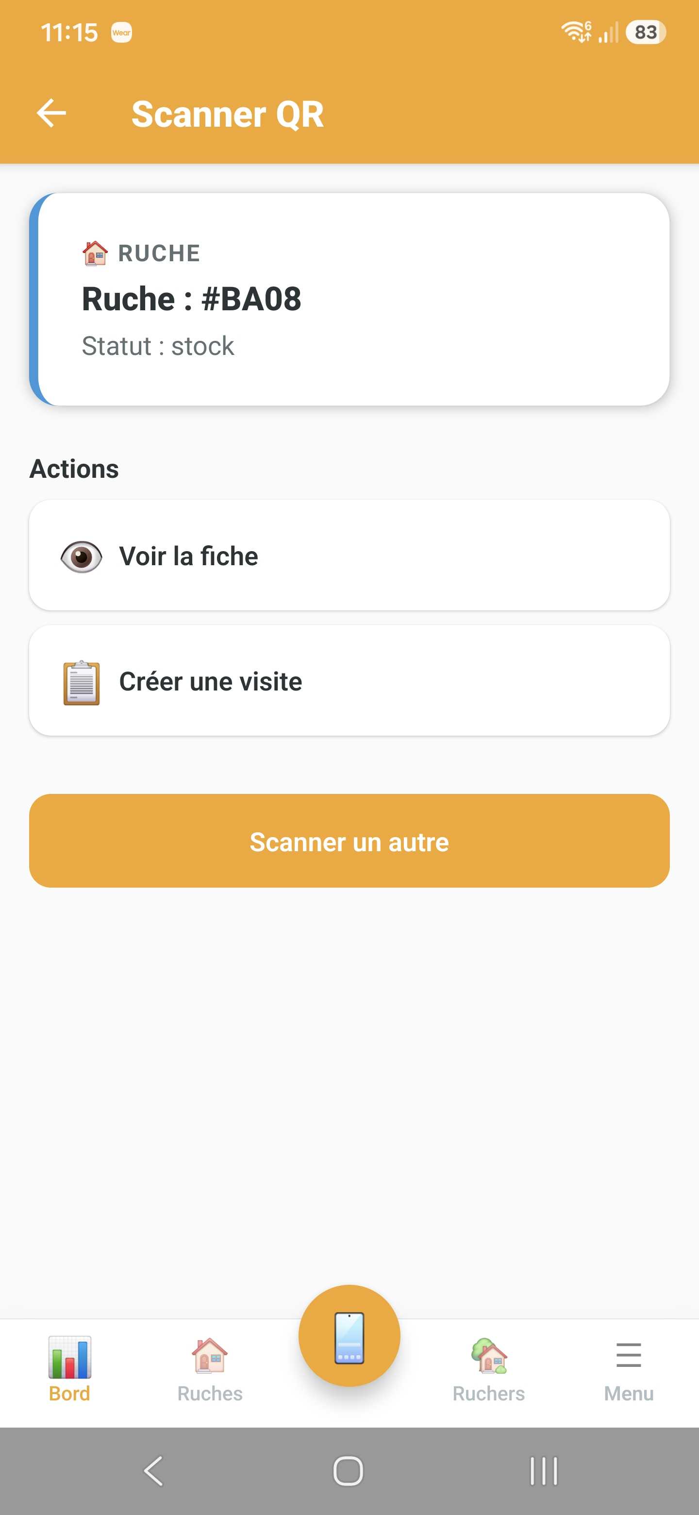 Fiche rucher ouverte après le scan du QR code d'une ruche dans Api'Track