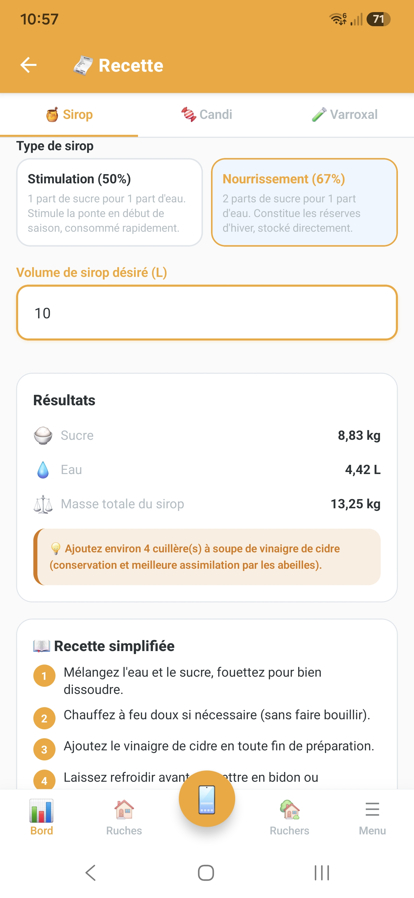 Module Recette : calcul du sirop, du candi et du Varroxal dans Api'Track
