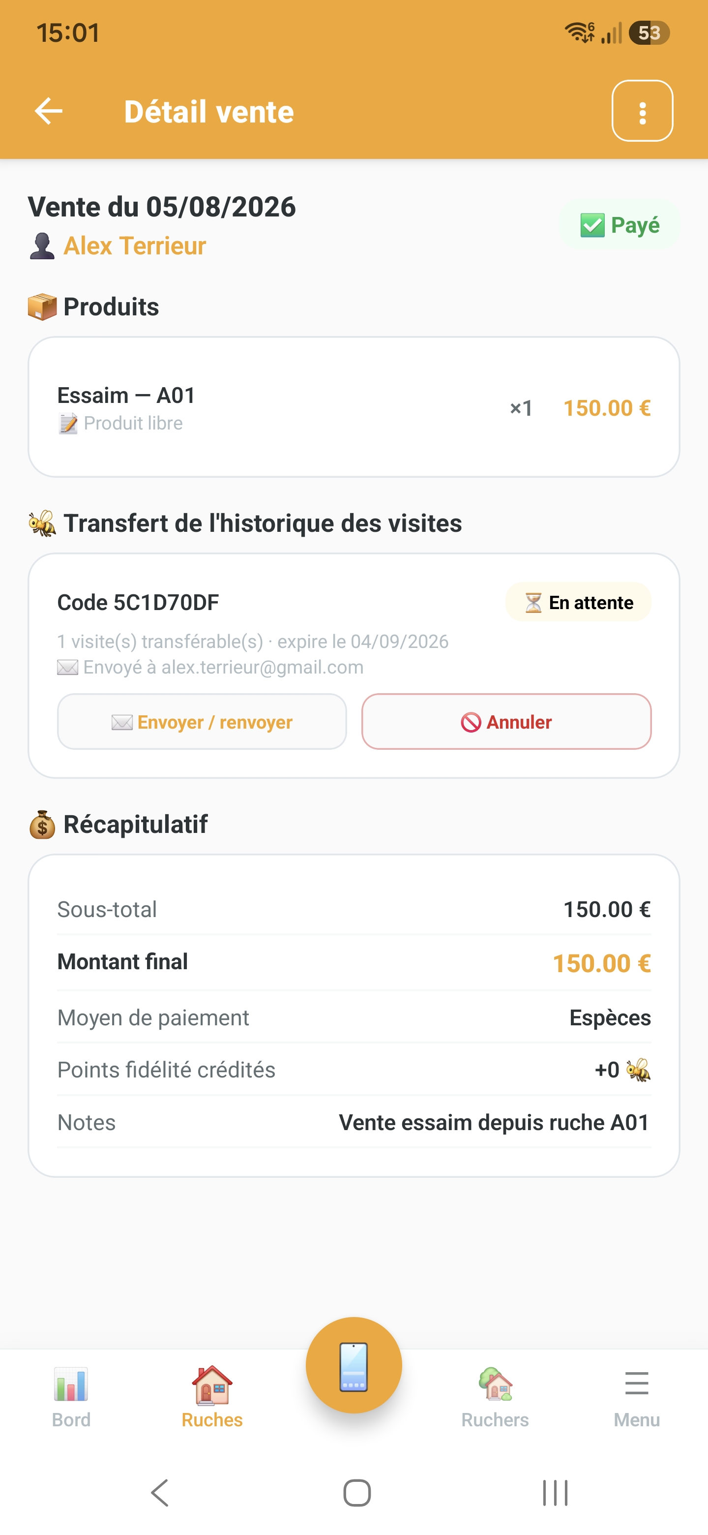 Transfert de l'historique des visites lors d'une vente d'essaim dans Api'Track