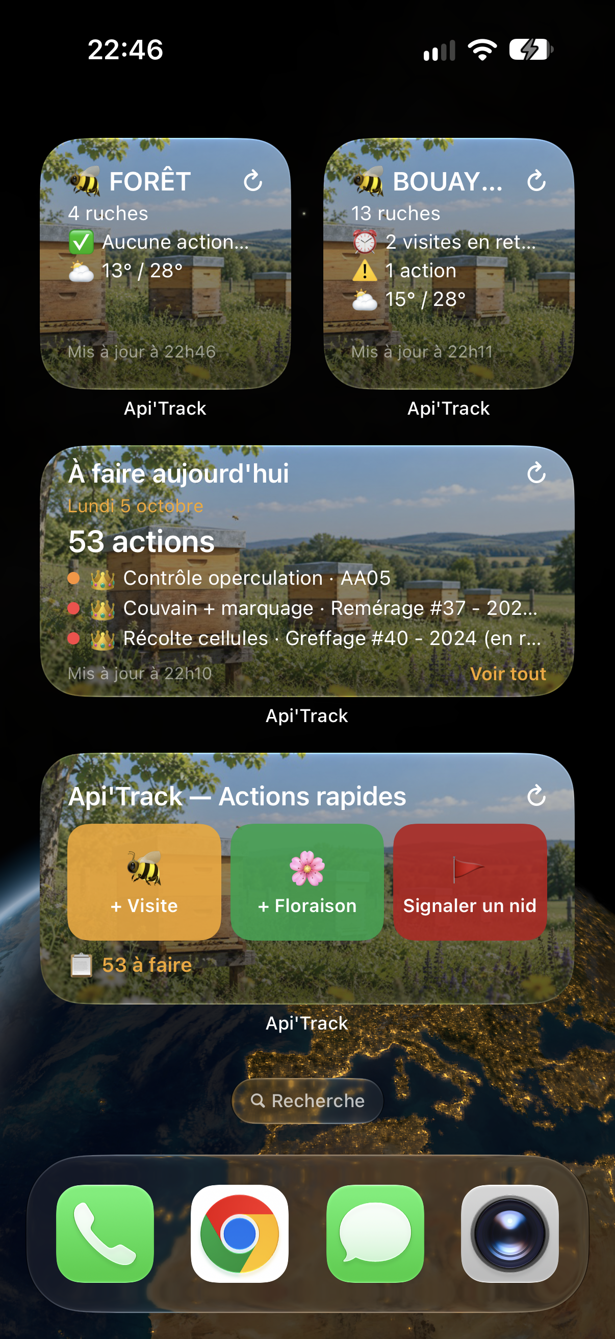 Widgets Api'Track sur l'écran d'accueil d'un téléphone : actions du jour, rucher et actions rapides